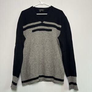 DKNY Men's Wool Knit V Neck Sweater Sz L Green Black Colorblock Office Classic